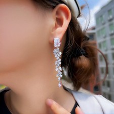 New Women Cubic Zirconia Dangle Long Drop Earrings Silver Plated Wedding Jewelry
