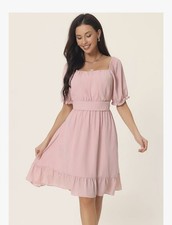 Blush Pink Smocked Square-Neck Dress – Puff Sleeves & Ruffle Hem | Size Large