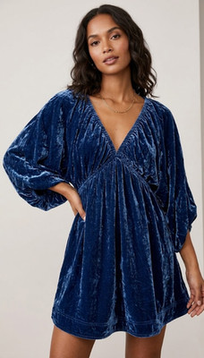 Free People Portia Velvet Dark teal indigo Blue balloon sleeve mini dress XS