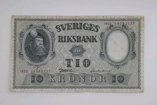 1952 SWEDEN Sveriges Riksbank 10 Kronor SEK Banknote Serial No. 10382527