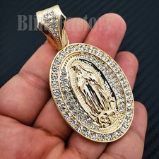 Hip Hop Iced Gold Plated Alloy Cubic Zirconia Large Guadalupe Oval Charm Pendant