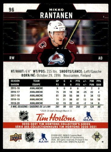2020-21 Upper Deck Tim Hortons Mikko Rantanen #96 - Picture 2 of 2