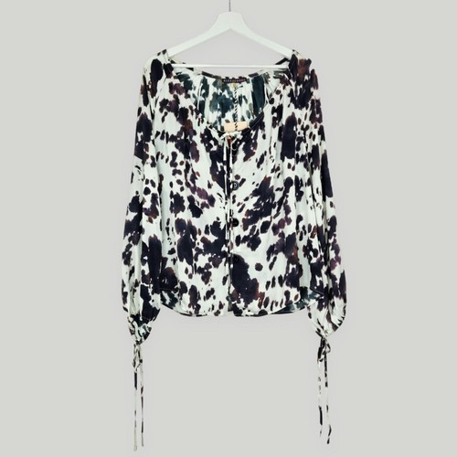 ALEXA CHUNG COW HIDE PRINT BROWN BLACK IVORY SATIN RELAXED BLOUSE TOP UK 10 £185 - Picture 3 of 13