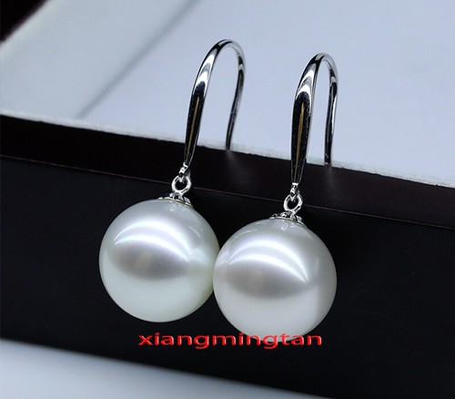 Top natural real 14K GOLD 12-13MM SOUTH SEA round white PEARL Dangle EARRINGS - Picture 3 of 5