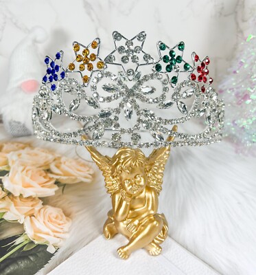 Star Shape Rhinestone Silver Crown, Bridal Rainbow Crystal Crown Tiara Headdress