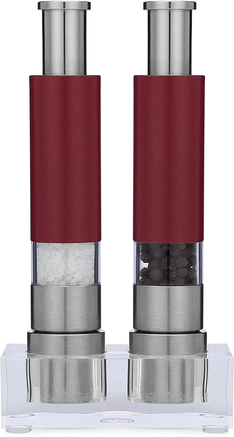 Salt and Pepper Grinder Set of 2 with Modern Thumb Push Button Red Grinder