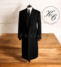 Men's Black Wool Blend Long Overcoat  Double Breasted Winter Business Coat