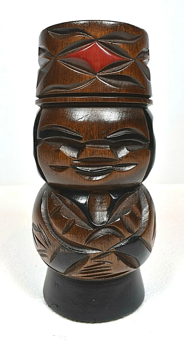 Vintage Hand Carved Smiling Wooden Tiki God 6" Statue Natural, Dark & Red  Colors | eBay