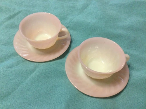 Vintage MCM 1950's Fire King Ovenware Pink Swirl Cup & Saucer Lot of 2 Each