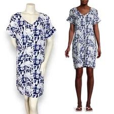 Studio B by Bobeau Dress Tie-Dye Blue White Shift Size Large Short Sleeve Rayon