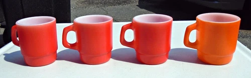 4 Vintage Fire King 3 Red and  1 Orange Coffee Cup Mug Anchor Hocking Stacking