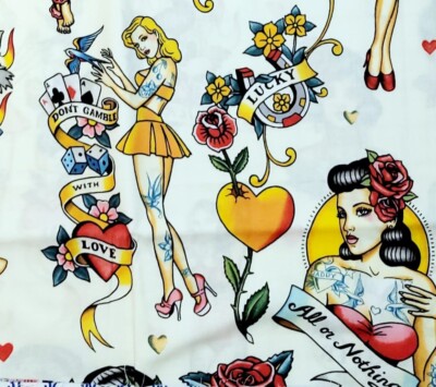 Don't Gamble With Love Tattoo Pin Up Alexander Henry Cotton Fabric 1 3/4 YD