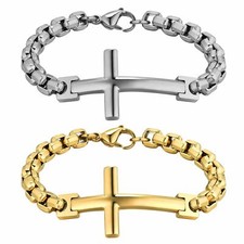 Mens Charm Cross Stainless Steel Chain Bracelet Bangle Wristband Valentine Gift