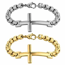 Mens Charm Cross Stainless Steel Chain Bracelet Bangle Wristband Valentine Gift