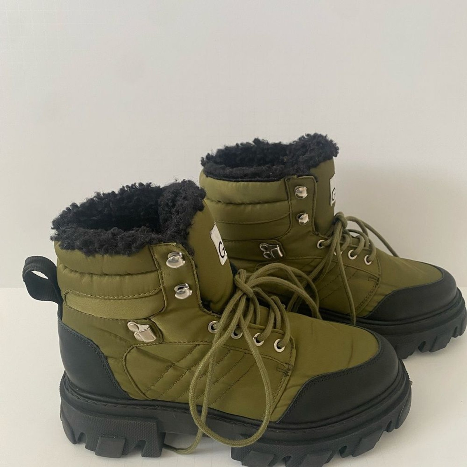 Ganni Faux Shearling Hiking Boot Kalamata Green and Black Size 8 image 3