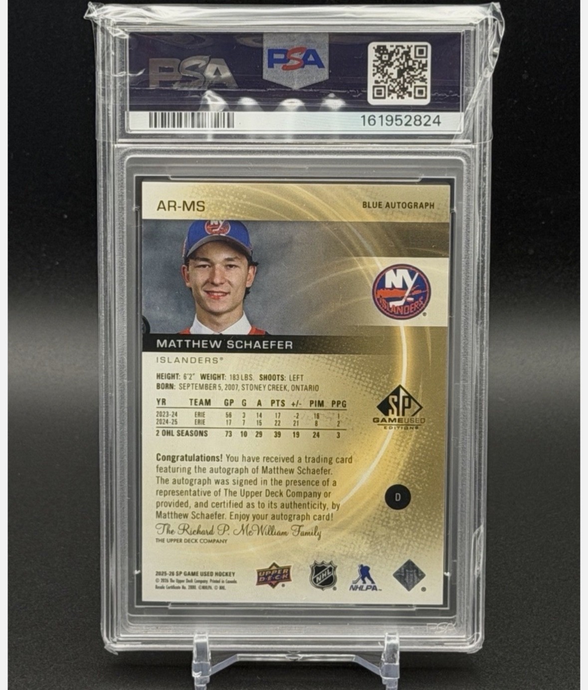 2025-26 UD SP Game Used PSA Gem Mint 10 Matthew Schaefer Authentic Rookies Auto view 2