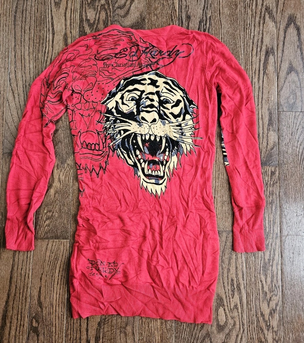Ed Hardy Women's Long Red Tiger Cardigan Sz XS Rhinestones Vtg Y2K