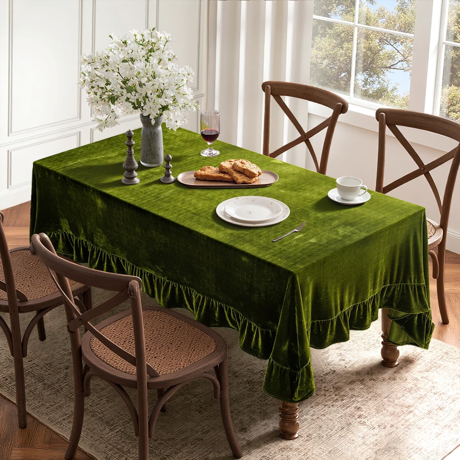 Velvet Table Cloth with Decorative Ruffle Edge Luxurious Soft Washable Rectan...
