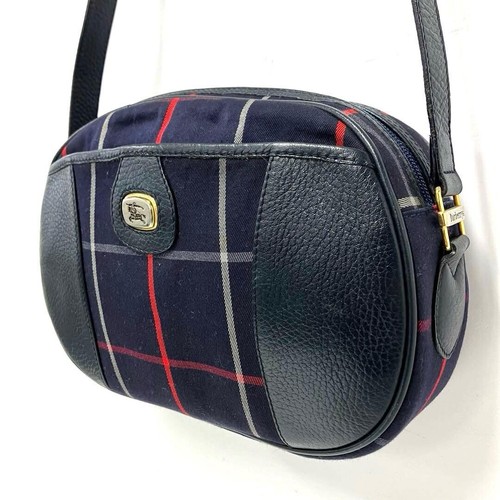 Vintage Burberrys London Navy Check Leather Canvas Shoulder Bag Auth