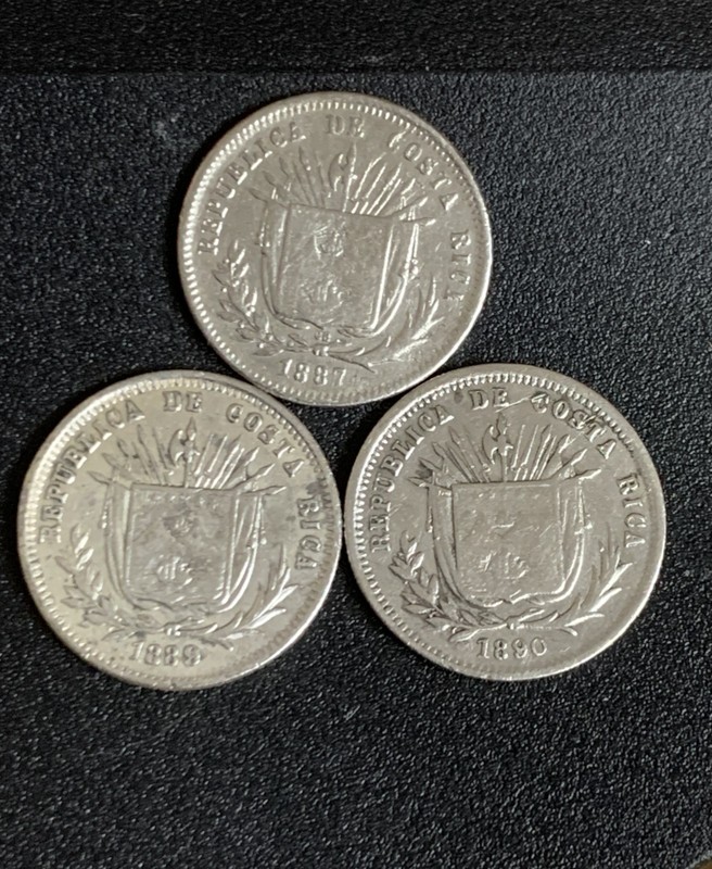 Costa Rica 5 centavos 1887 GW, 1889 H, 1890 H - 3 SILVER COINS LOT!   FC1