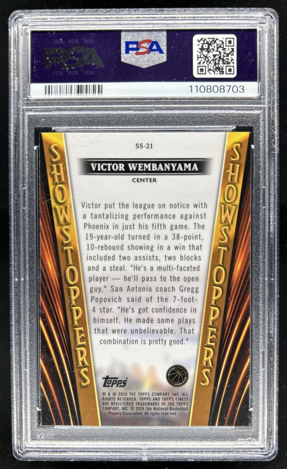 2023-24 Topps Finest Victor Wembanyama Showstoppers RC Rookie #SS-21 Spurs PSA 9 view 2