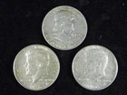 Lot of Three Silver Half Dollars 1964 Kennedys & 1 Franklin 90% Silver 37 Grams