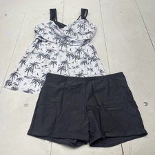 Tankini Swimsuit Set Womens XL White Palm Tree Top Black Swim Shorts Two Piece