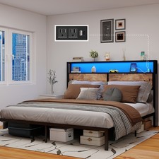 Full Queen King Size Metal Platform Bed Frame with LED Lights ＆Charging Station