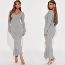 Fashion Nova Gray Ribbed Knit Long Sleeve Maxi Dress Size L Mermaid Hem