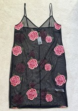 Forever 21 Sheer Lace Black Pink Roses Strap Dress - Size 0X - NWT