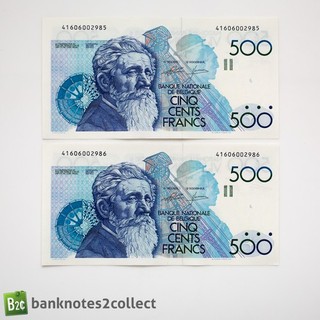BÉLGICA: 2 x 500 billetes de franco belga con números de serie consecutivos.