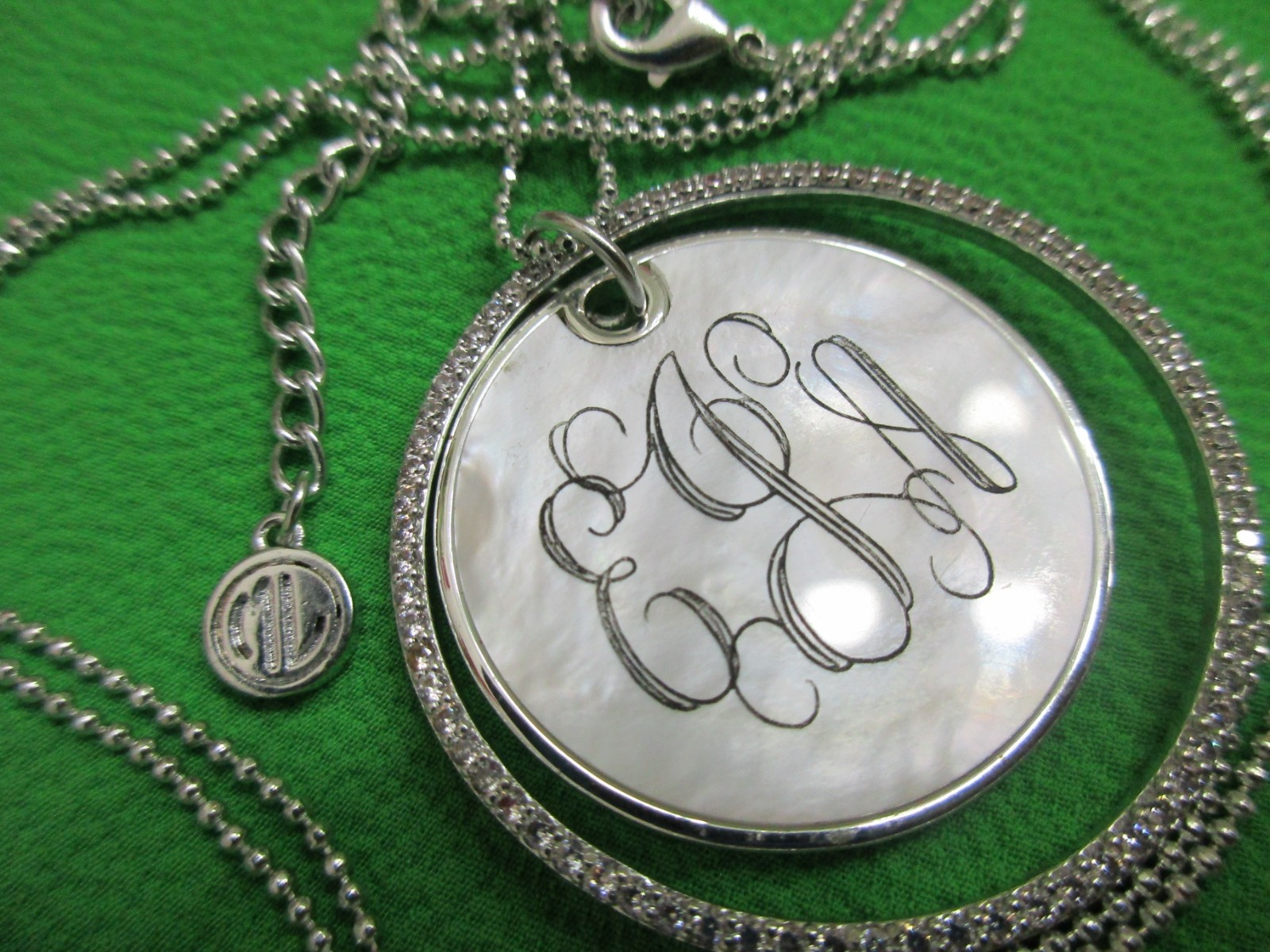 Signed ML Monogram Two Circle MOP/Crystals Pendan… - image 9