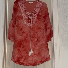 Entro Womens Tie-Dye Embroidered Bell Sleeve Boho Tunic Dress Lined Red White S