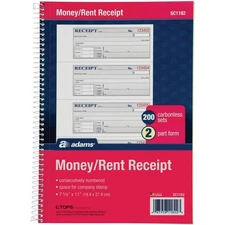 Money and Rent Receipt Book, 2-Part Carbonless, 7-5/8" x 11", Spiral Bound, 2...