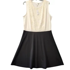 Charming Charlie Cream Black Dress NEW $35 Stretch Midi Sleeveless Scoop Women S