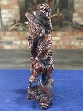 ANTIQUE EARLY CHINESE HAND CARVED WOOD SCULPTURE HUNTER / BIRD COLLECTIBLE 25’ H
