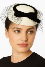 Vintage 90s Pillbox Hat w/ Veil Cream Black Gantos Retro Bridal Tea Party