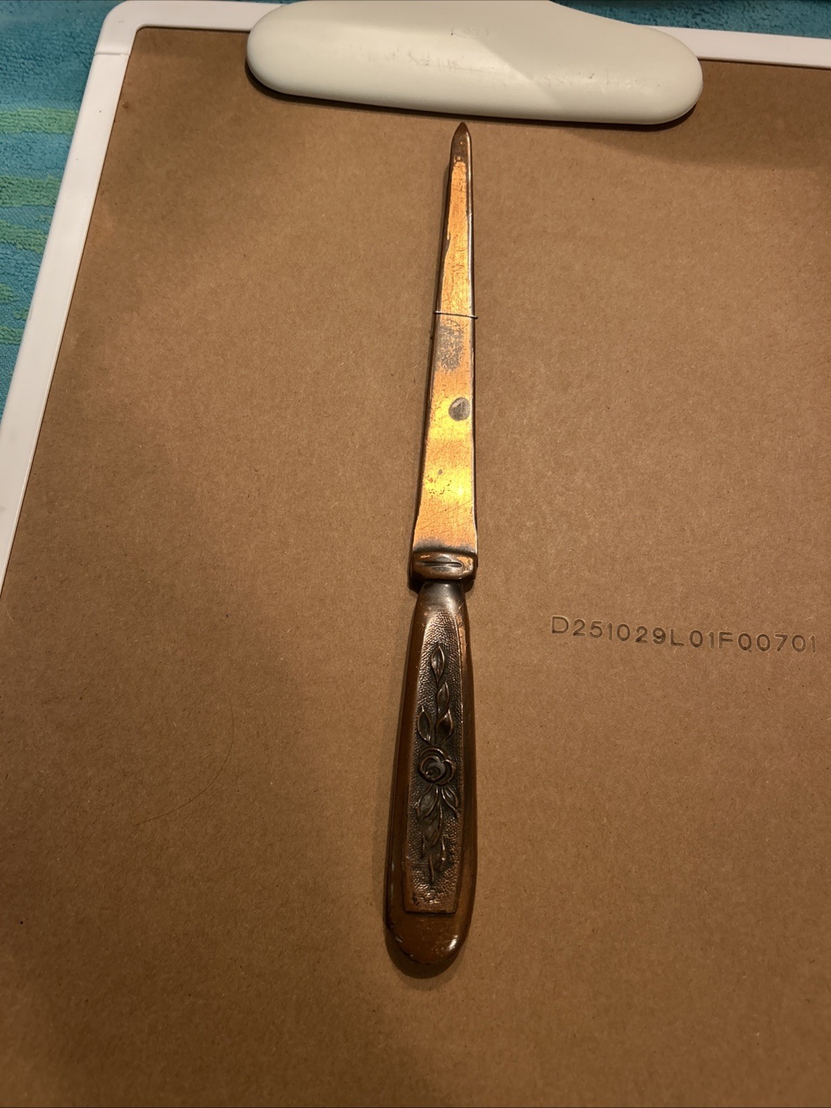 Vintage Rare 19th Or 20th Century Rose Embossed Handle Copper Letter Opener