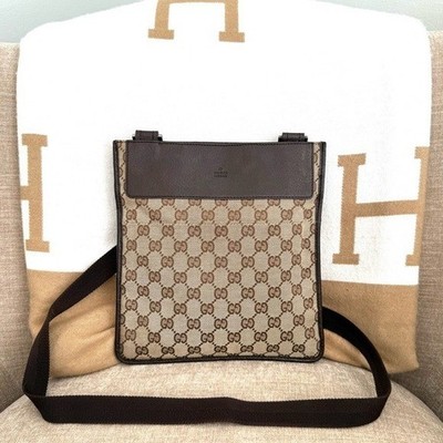 Authentic Gucci GG Canvas Flat Messenger Bag brown monogram canvas brown strap
