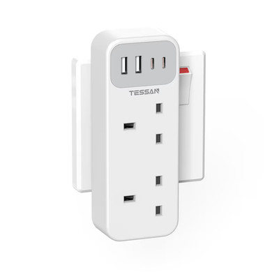 2 Wege Stecker Verlängerungsadapter UK Steckdose Power Ext mit 4 USB 2A/2C für Home Offic