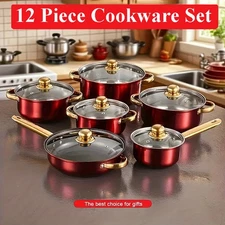 12Pcs Red Stainless Steel Non-Stick Cookware Set Kitchen Pot Frying Pan Saucepan
