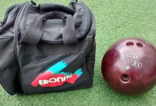 VINTAGE GEM 300 BOWLING BALL 16 LBS RED SWIRL WITH A EBONIITE BALL BALL CARRIER