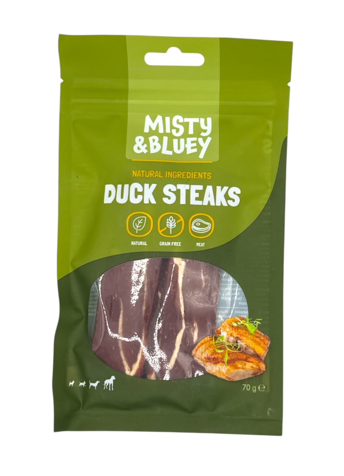 MISTY & BLUEY NATURAL DUCK STEAKS GRAIN FREE MEATY DOG PUPPY CHEW TREATS 70G