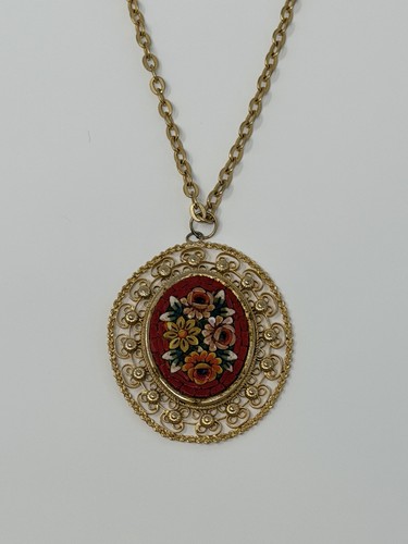 Vintage Italian Micro-Mosaic Floral Pendant Necklace-Gold Tone Filigree