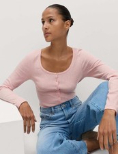 Marks & Spencer Womens Cotton Long sleeved Scoop Top in Light Pink - M&S