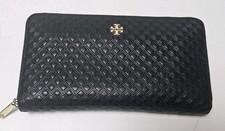 Tory Burch Black Quilted Zip Around Continental Wallet Gold Logo Leather