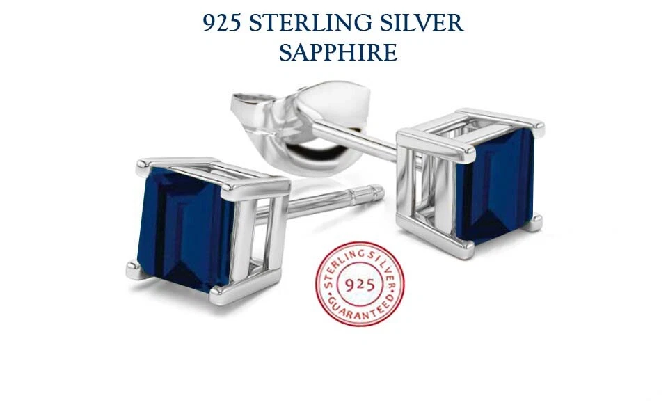 Aretes para mujer de plata de ley 925 corte princesa zafiro circonita cúbica Foto 4 de 4