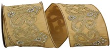 Gold Christmas Ribbon - 4 inch x 5 yards - Jewel Scroll Embroidery Wired Edge