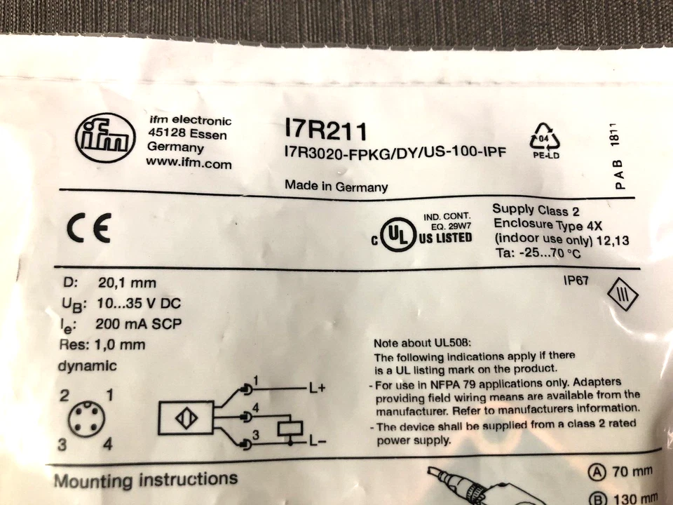 Ifm I7R211 (I7R3020-FPKG/DY/US-100-IPF) Inductive Ring Sensor PNP NO/NC 10-35VDC - Image 4 of 4