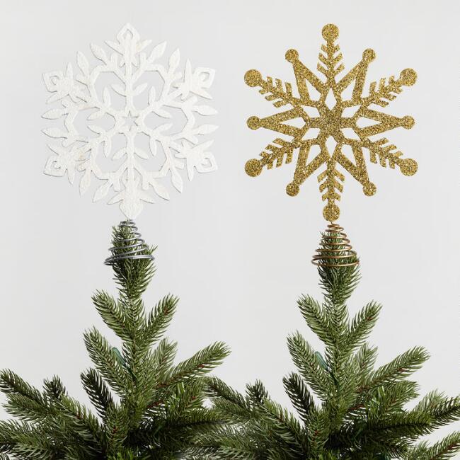 World Market Wood Snowflake Tree Toppers in Gold and White Set of 2 ~ NEW